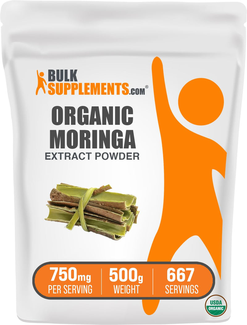 BulkSupplements.com Organic Moringa Extract Powder - Superfood Supplement from Moringa Oleifera Moringa Powder - Vegan & Gluten Free 750mg per Serving 500g (1.1 lbs) (Pack of 1)