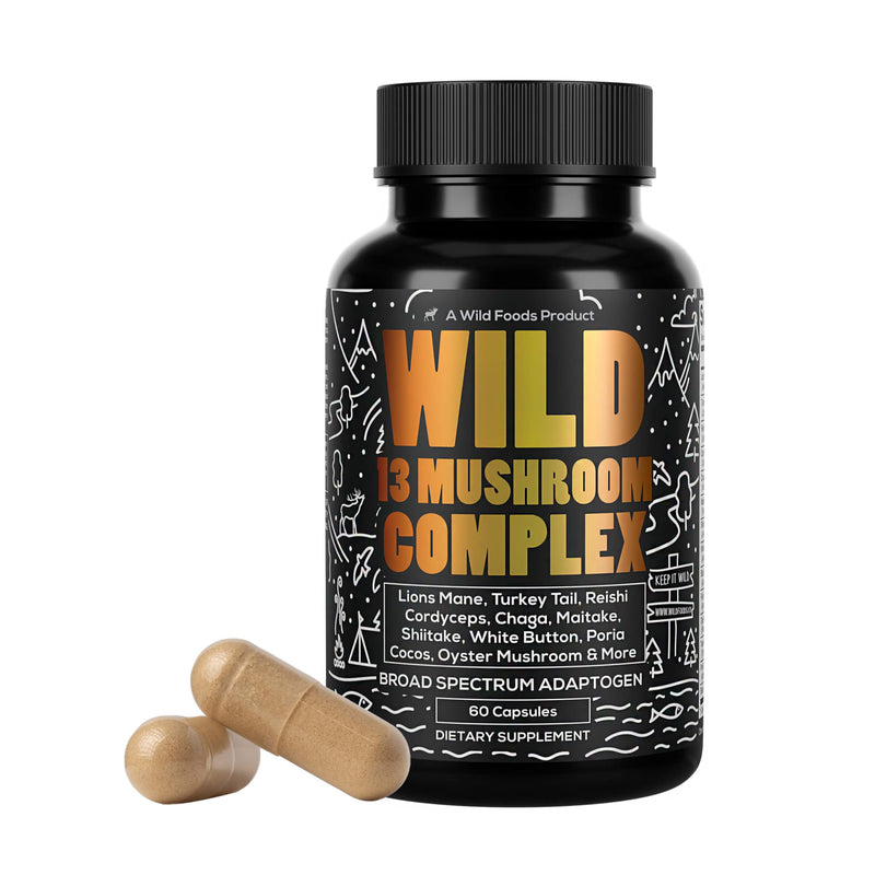 Wild Foods Premium Mushroom Supplement Complex | 10:1 Mushroom Extract 13 Organic Mushrooms: Lions Mane Turkey Tail Reishi & More Adaptogenic Mushrooms for Energy Brain & Immune Health(60 Capsules)